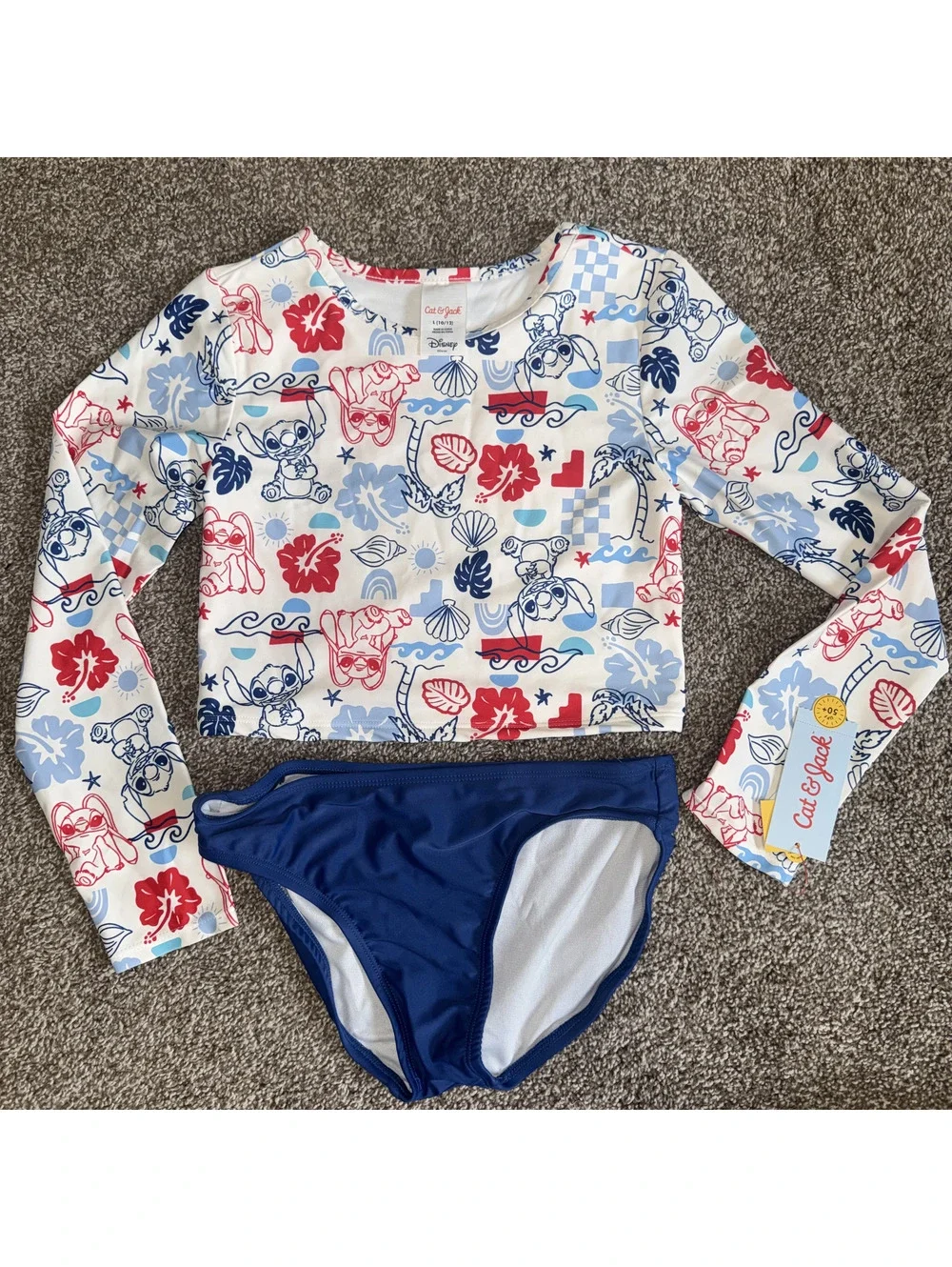 Disney Stitch Girls Cat & Jack 2-Piece Rash Guard Swimsuit Set Large 10/12 NWT